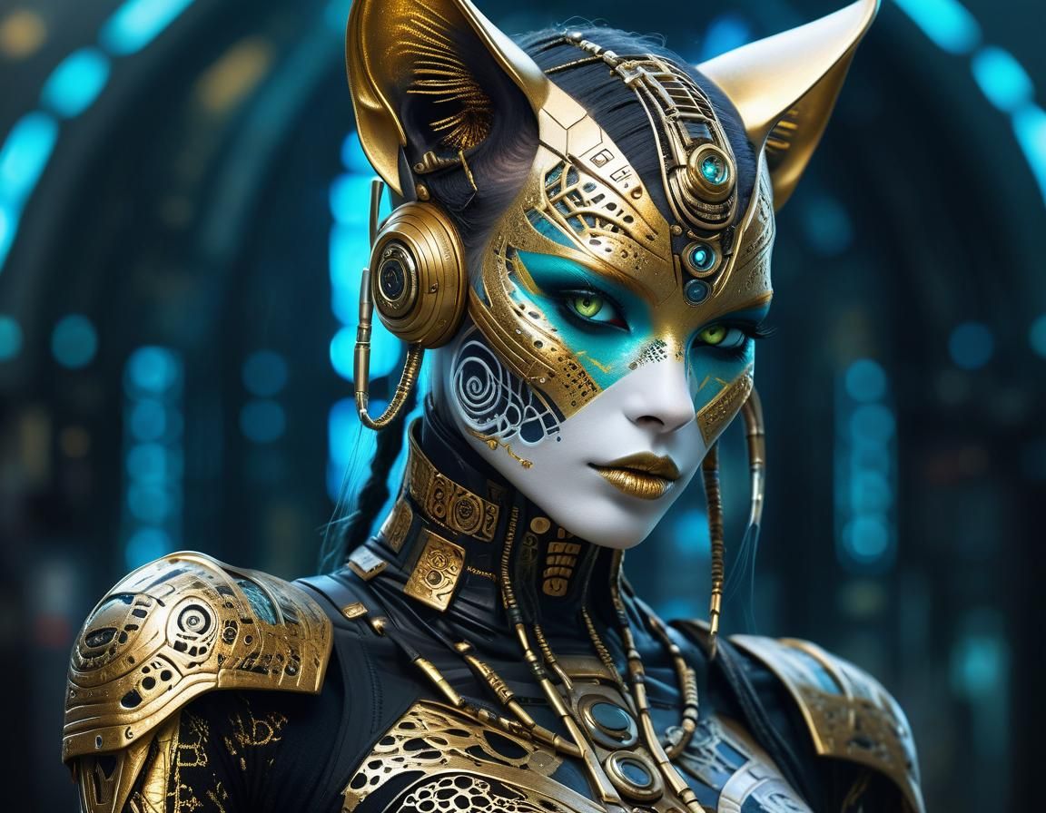 Cyberpunk Cat-Girl with Gold Body Art