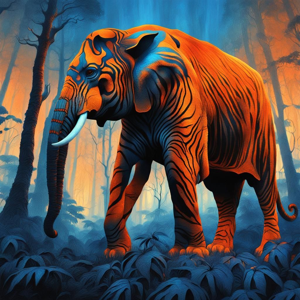 Tiger and Elephant Fusion in Mystical Forest