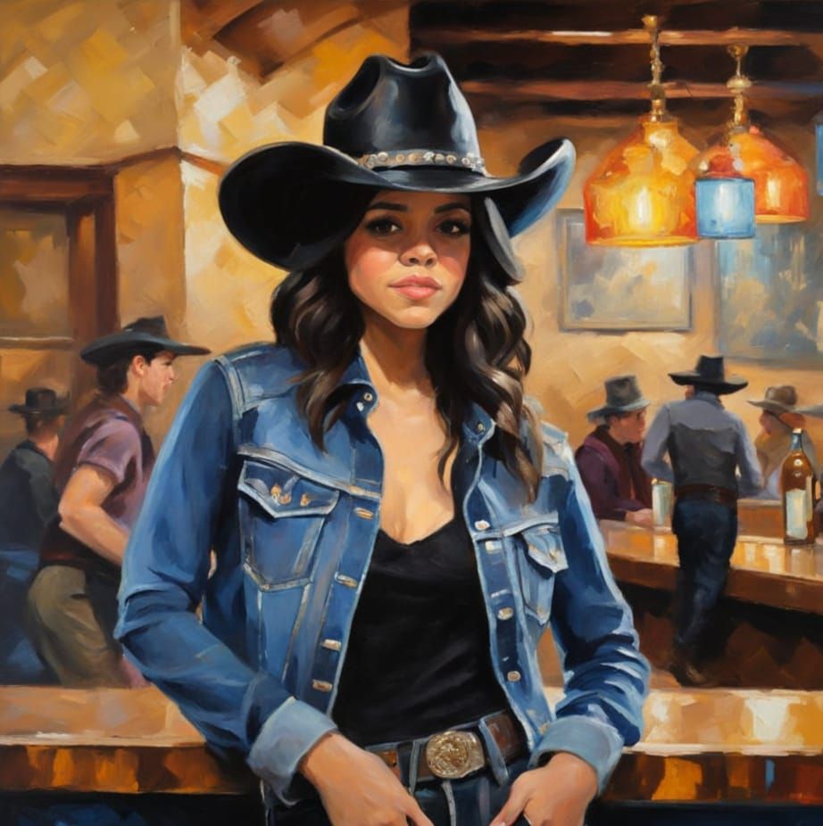 Impressionistic Oil Painting of Woman in Cowboy Hat