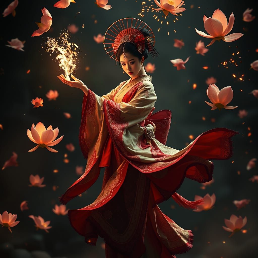 Ethereal Geisha Dances Amidst Lotus Blooms and Pyrotechnic D...