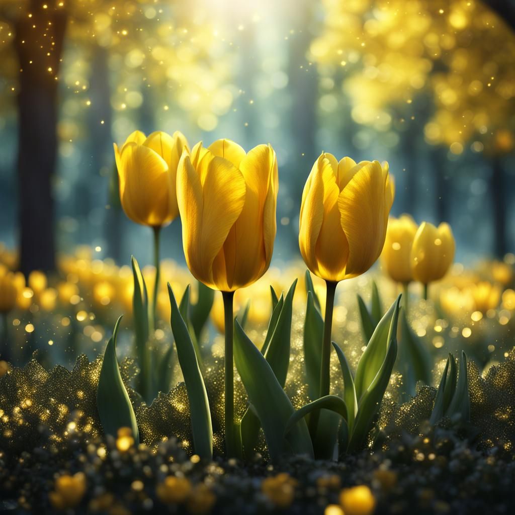 Glowing Yellow Tulip in Forest: Photorealistic Close-Up