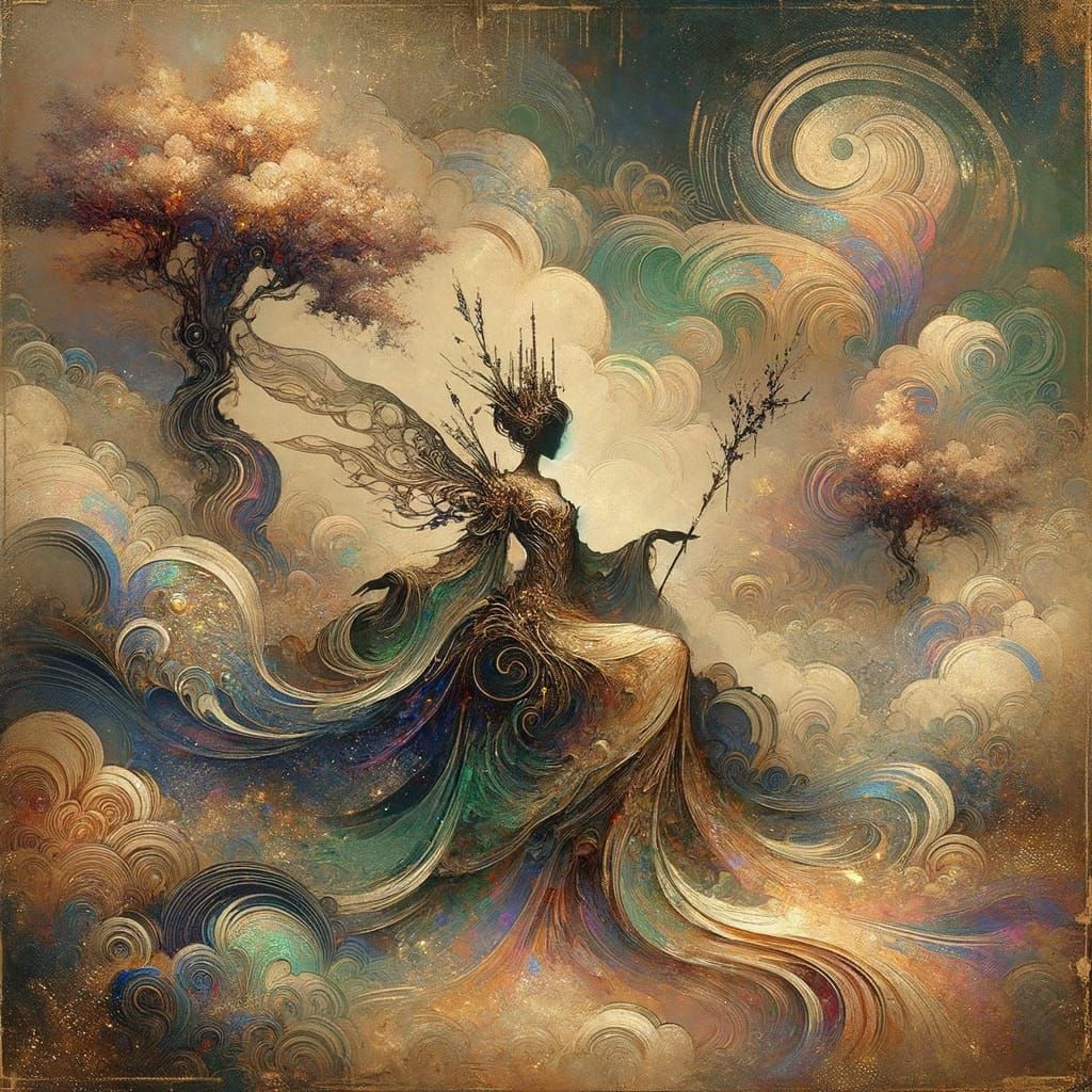 Vintage Glitch Fairy Queen in Impressionist Fantasy Style