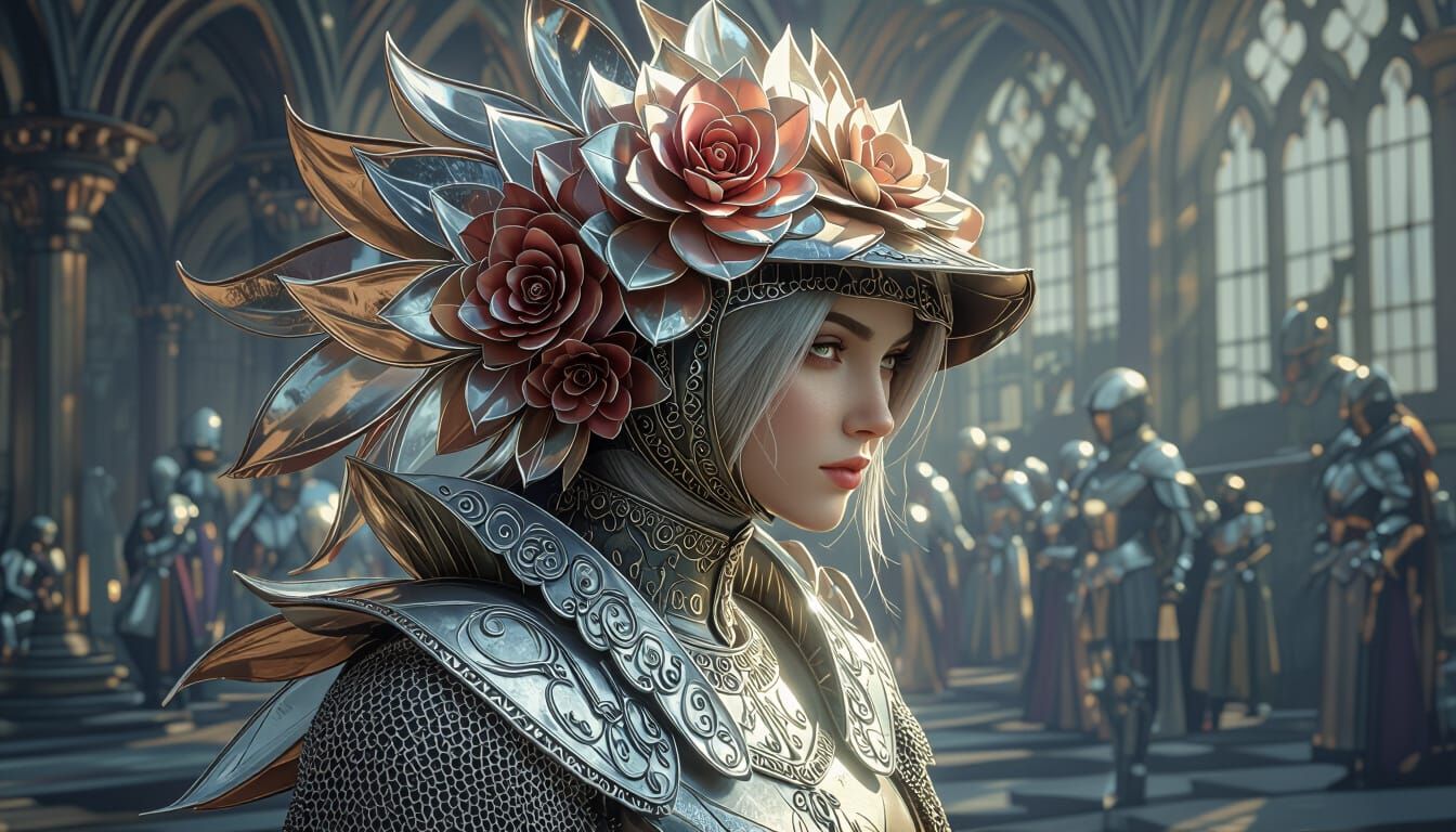 Surrealist 3D Medieval Woman with Petal Helmet