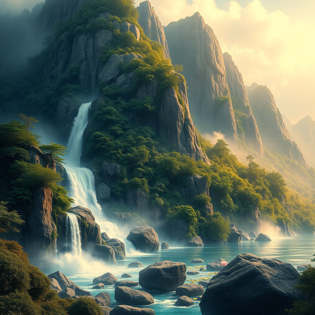 Mystical Forest Hand Mountain with Waterfall