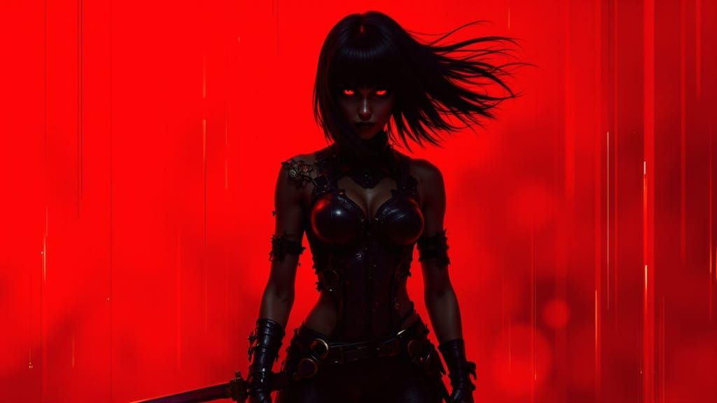 Glitching Red Warrior Goddess in Cyberpunk Aesthetic