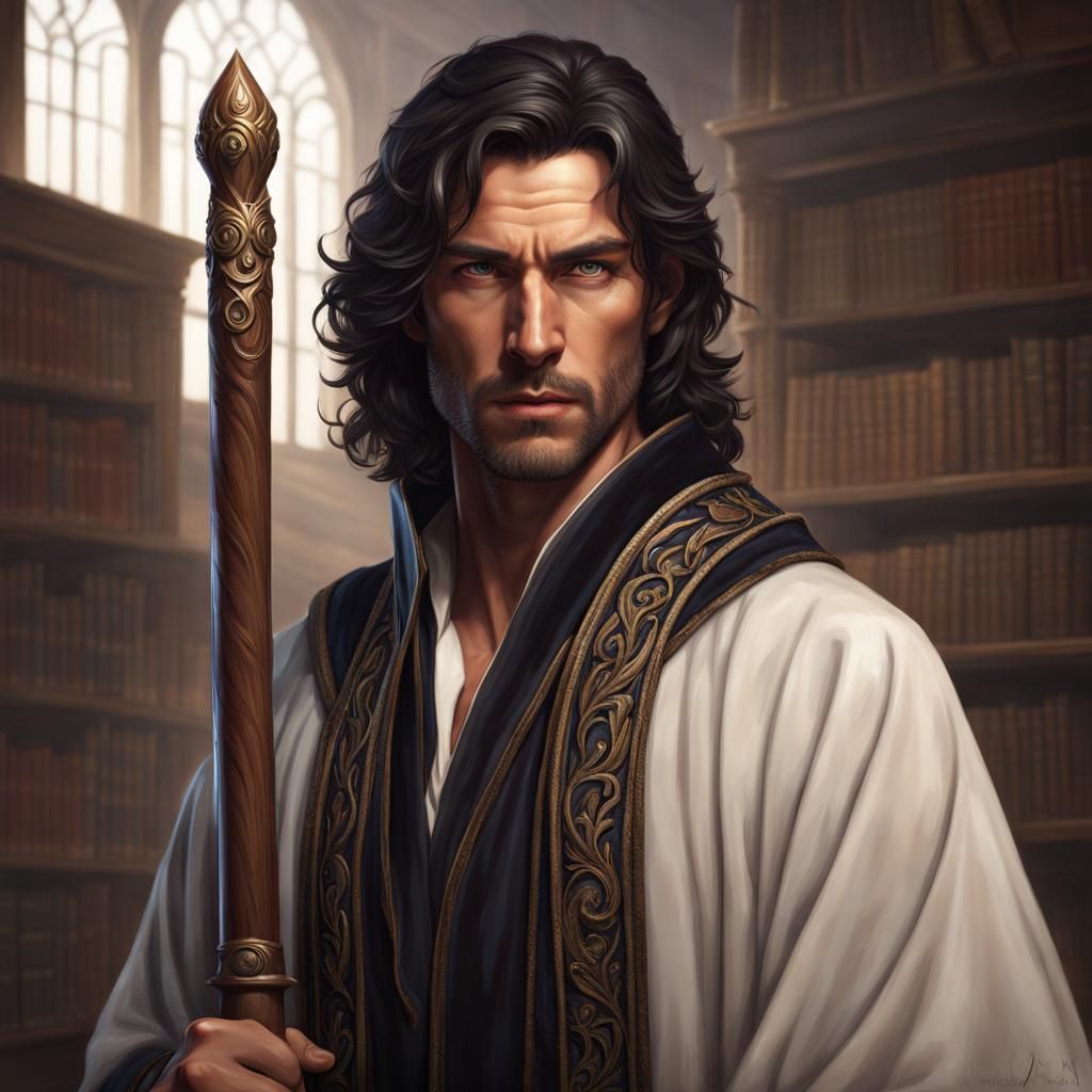 Handsome Mage in Library: Digital Art Portrait