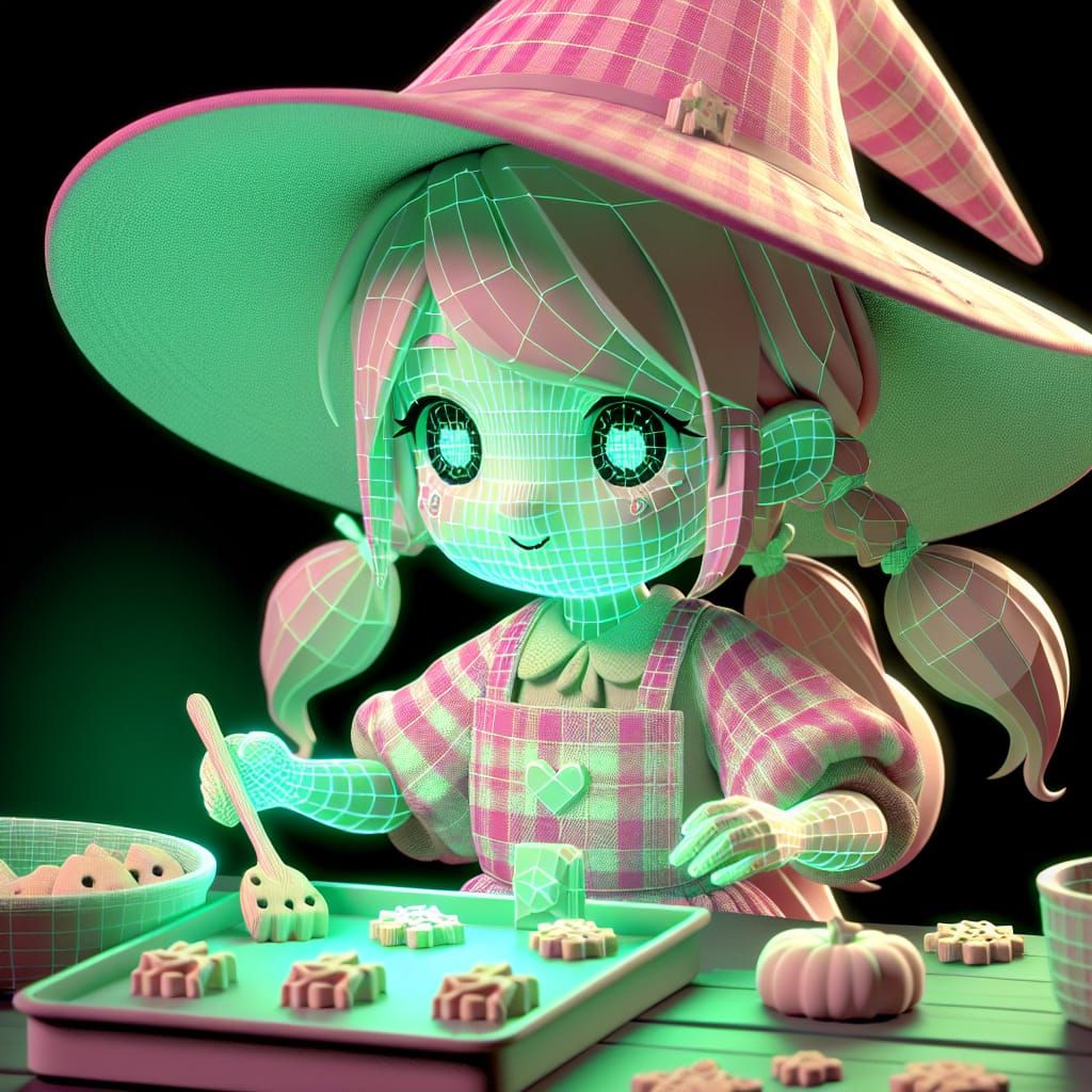 Disney Pixar style 3D beautiful kitchen witch, wearing pink plaid apron, hair in ponytails with pink plaid witches hat, ...