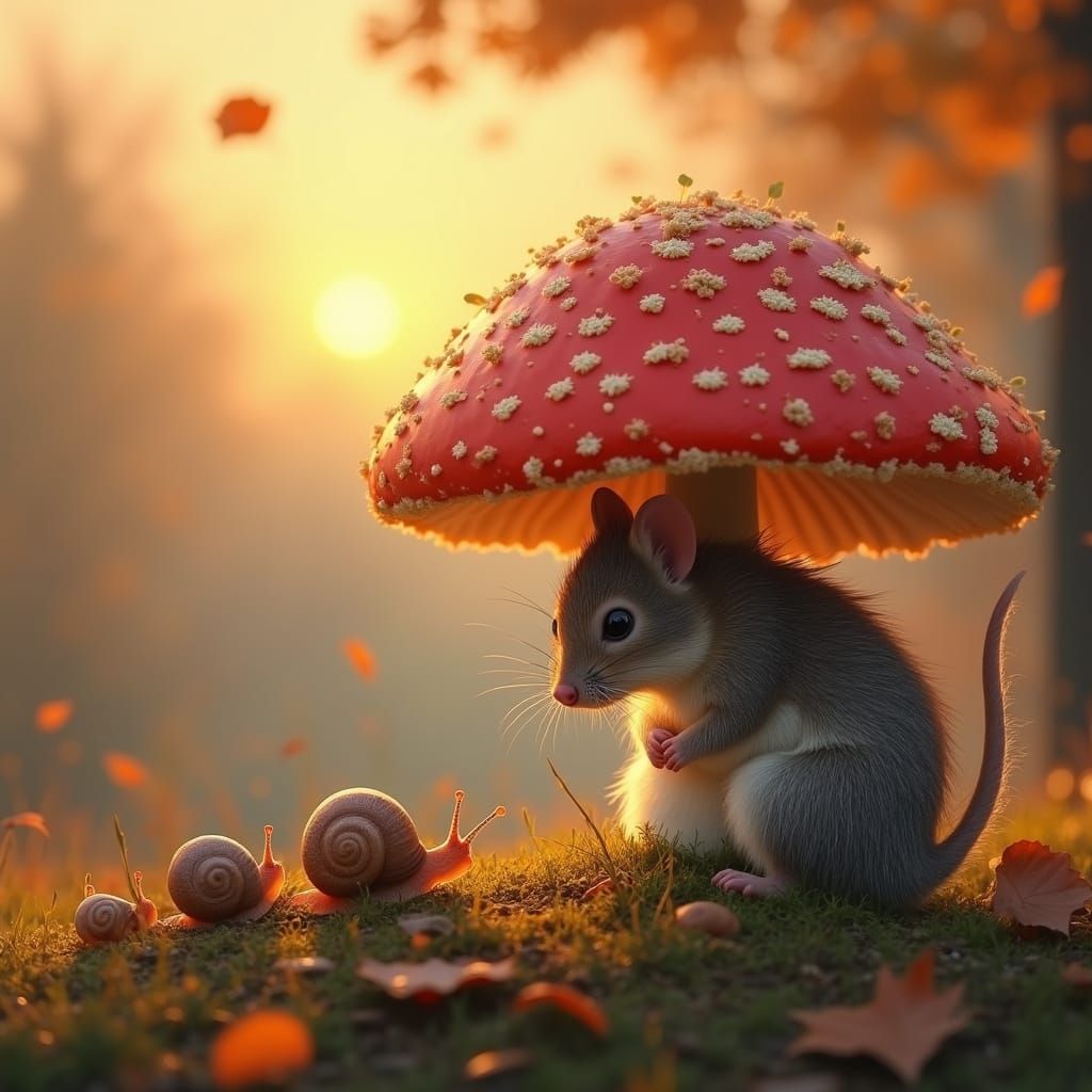 Mouse Hiding Behind Giant Red Mushroom