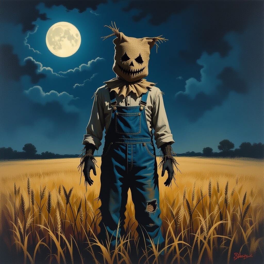 Scarecrow in Moonlit Field: Dark Fantasy Gouache