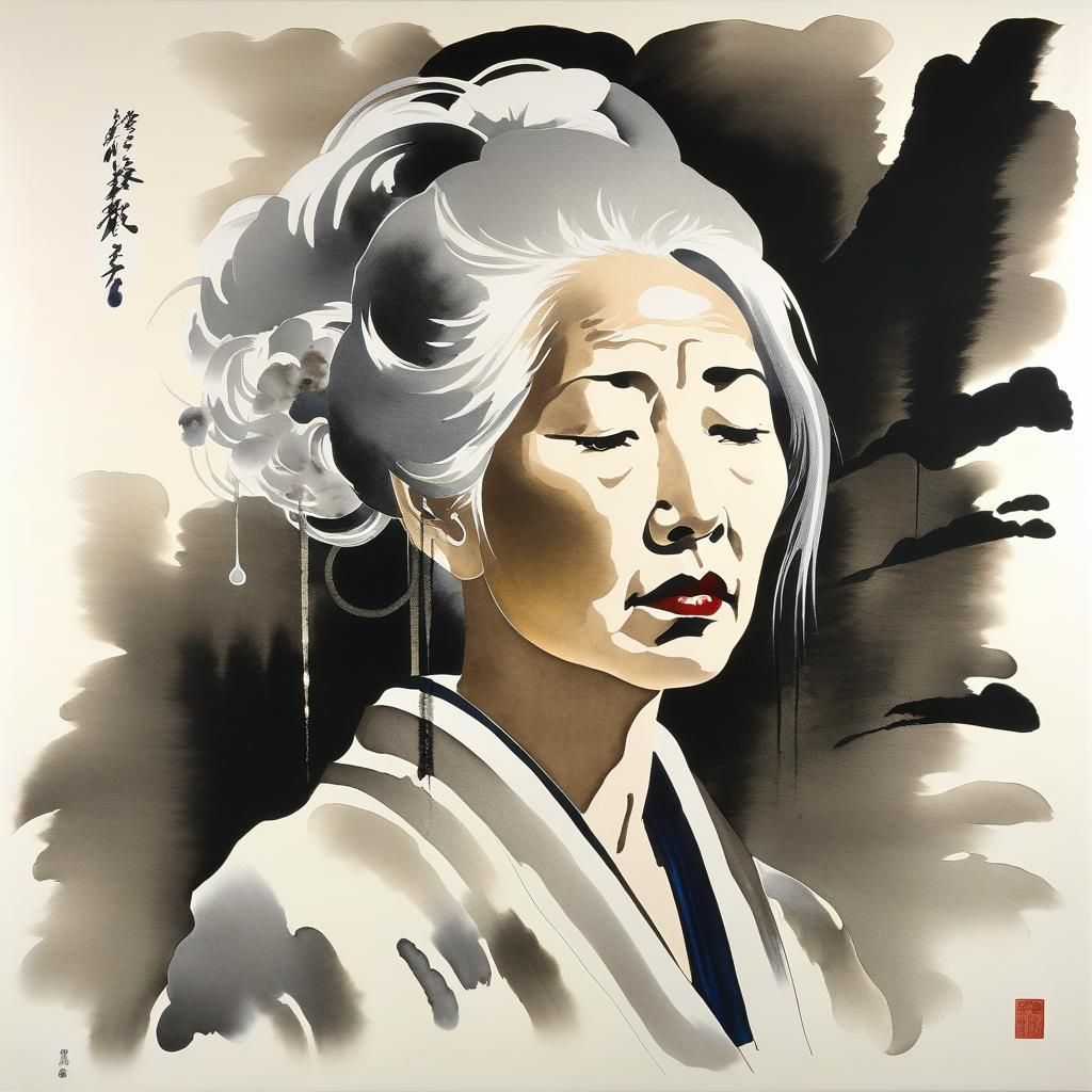 Woman with Migraine in Sumi-e Style