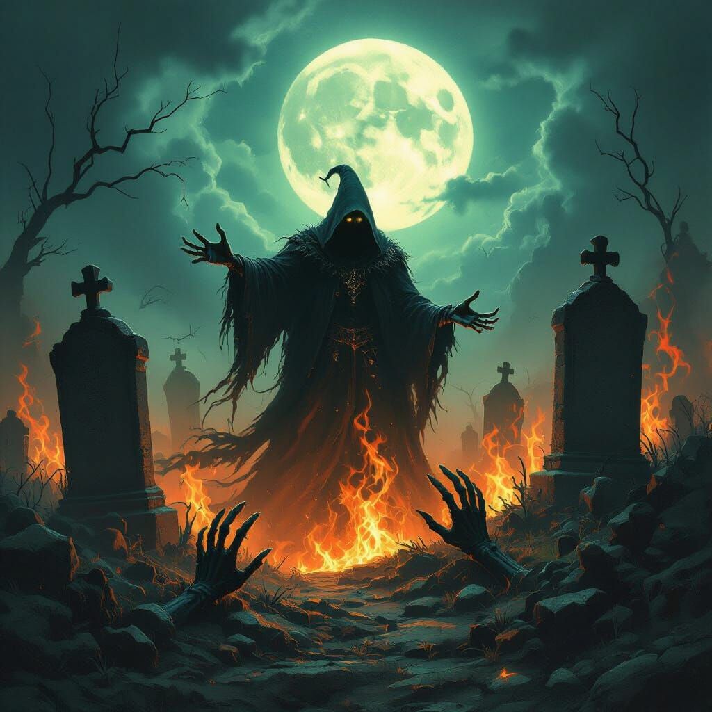 Evil Sorcerer Conjuring Dark Magic in Moonlit Graveyard