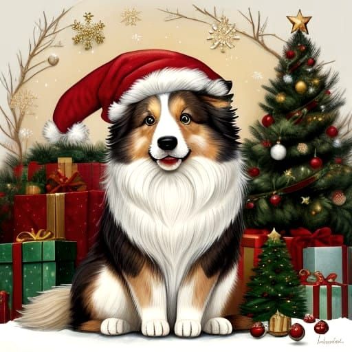 Joyful Sheltie in Festive Christmas Hat