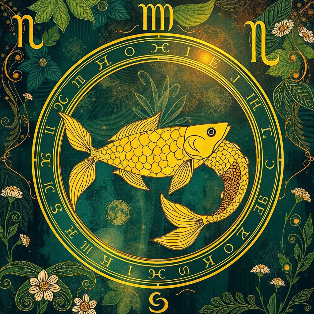Mystical Pisces Zodiac in Golden Florals