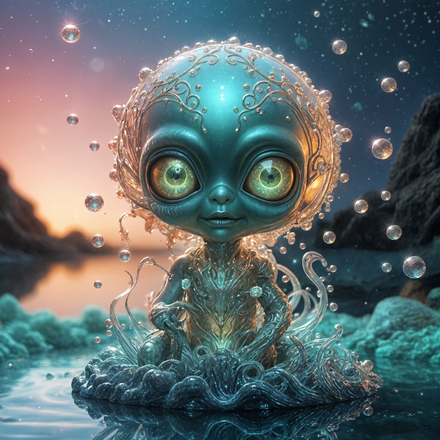 Bioluminescent Alien Crystal Sculpture in Digital Art