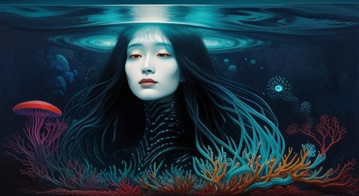 Surrealist Ocean Goddess Shrouded in Mysterious Darkness
