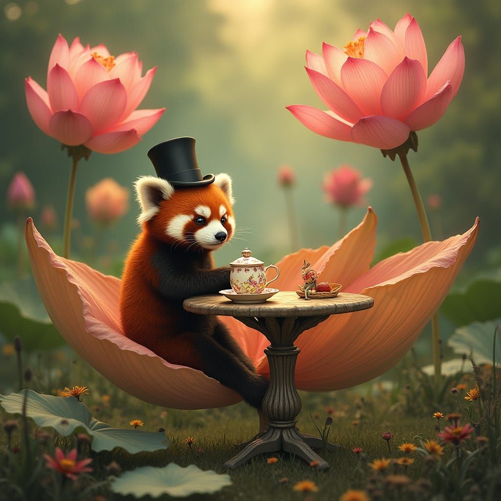 Red Panda Tea Party in Luminous Lotus Garden