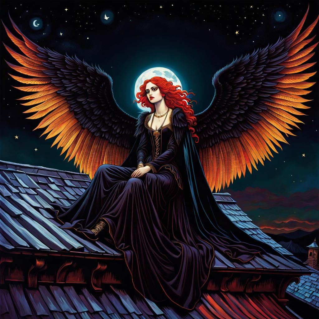 Gothic Vampire Warlock on Roof in Surreal Style