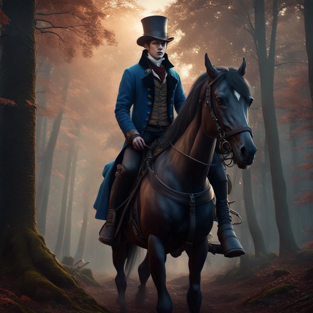 Steampunk Vampire Rides Horse in Autumn Woods