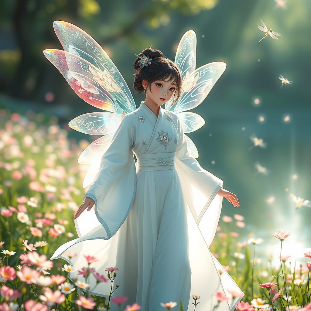 Fragile Fairy in Hanfu Dress with Rainbow Wings