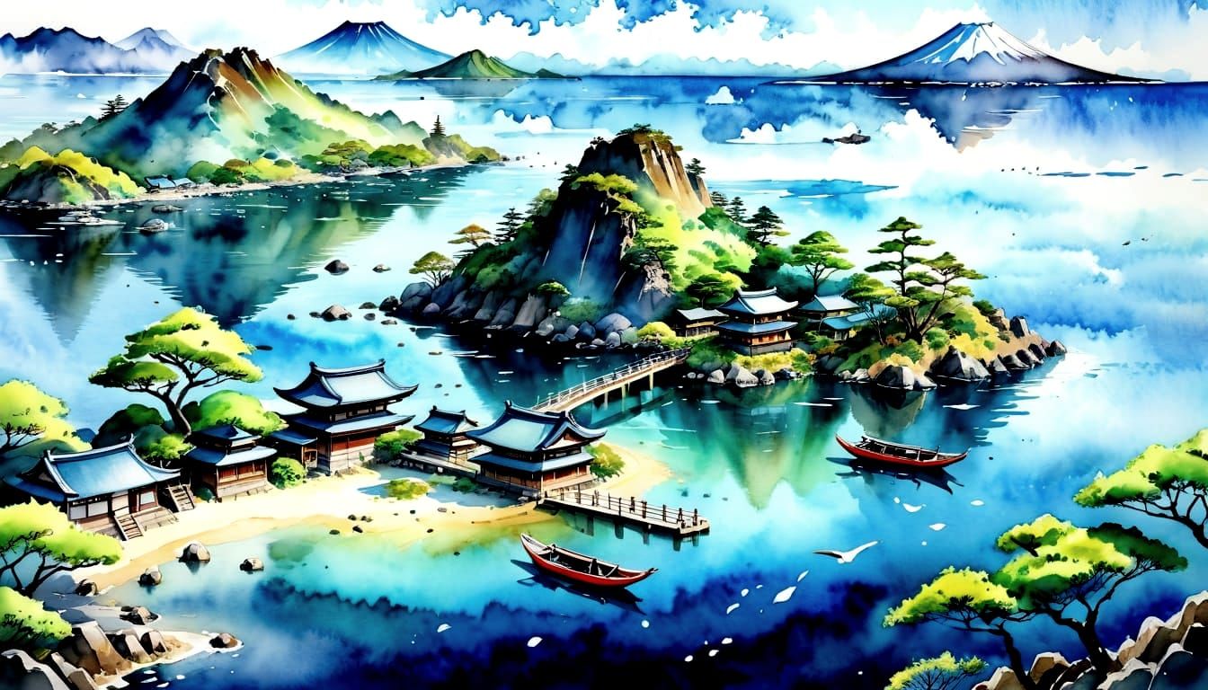 Magical Japanese Island at Full Moon in Watercolor
