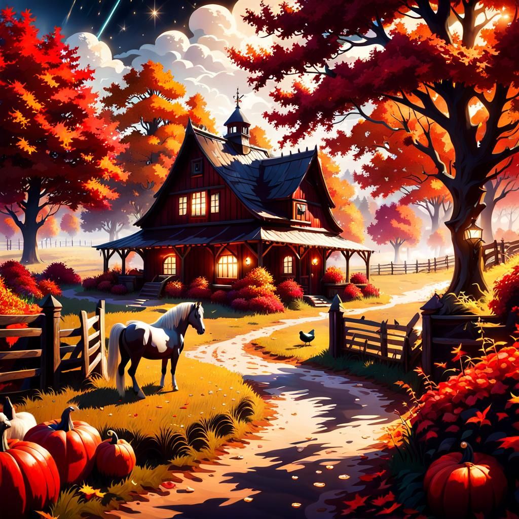 Fantasy Autumn Farm Scene: Breathtaking Maximalist Artwork
