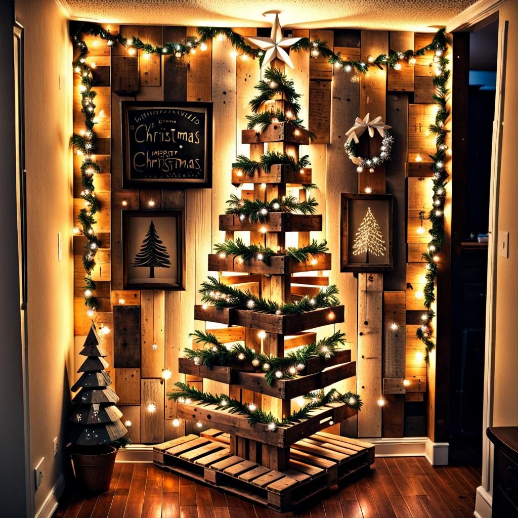 Unique Pallet Christmas Tree with Garland and Lights