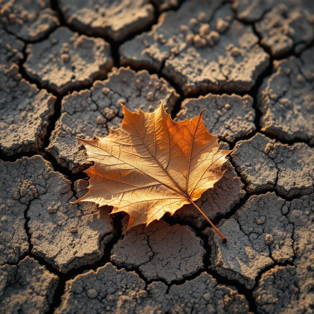 Hyperrealistic Autumn Leaf on Cracked Earth