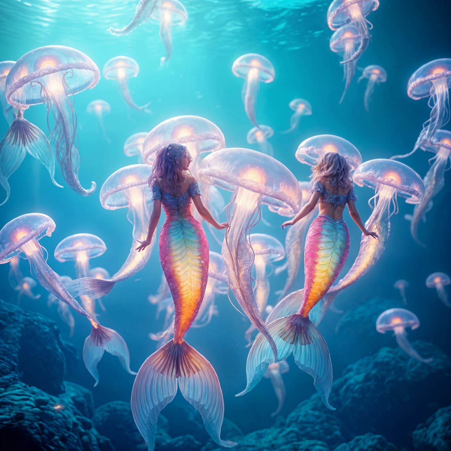 Glowing Mermaids and Jellyfish in Deep Color