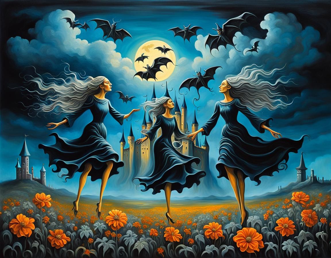Whimsical Witches in Surreal Landscape with Bats