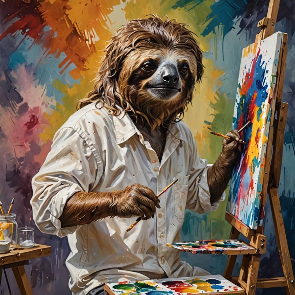 Sloth with Afro Wig Painting: Hyperrealistic Oil