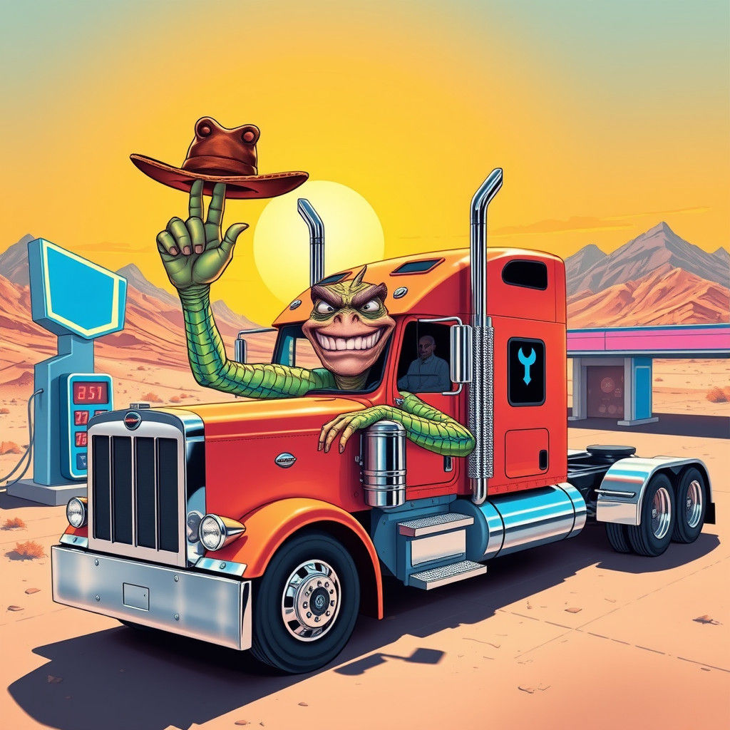 Alien Gas Trucker in Retro-Futuristic Desert Landscape