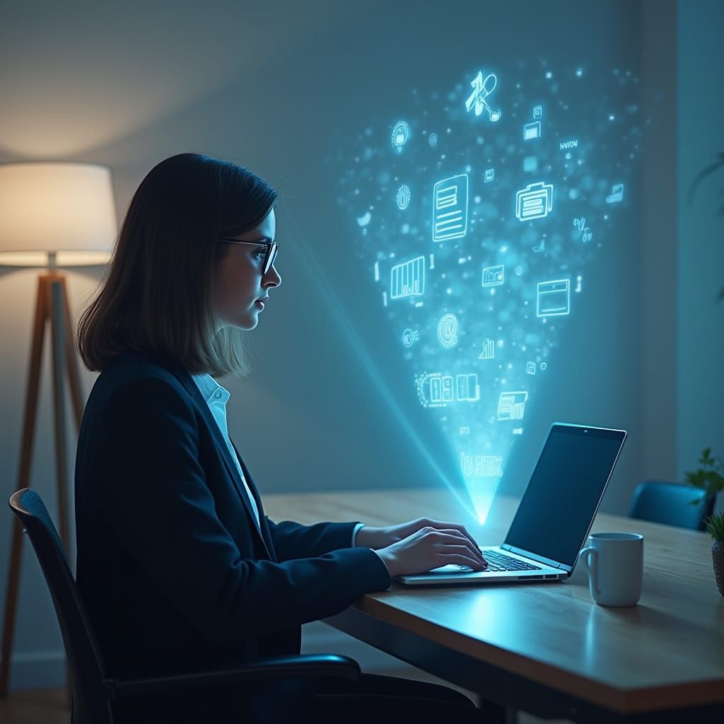 Modern Office Scene with Holographic Display