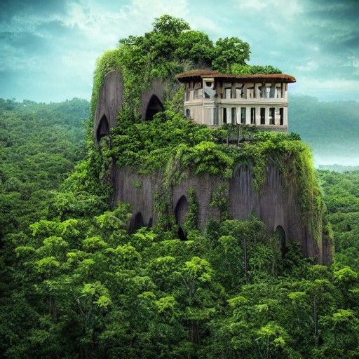 Jungle Cliffside Building in Digital Art Style