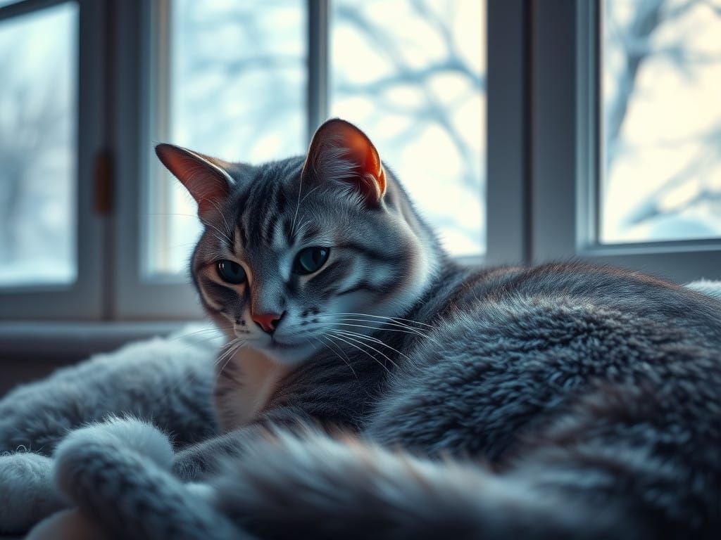 Calm Winter Scene of a Serene Grey and White Tabby Cat