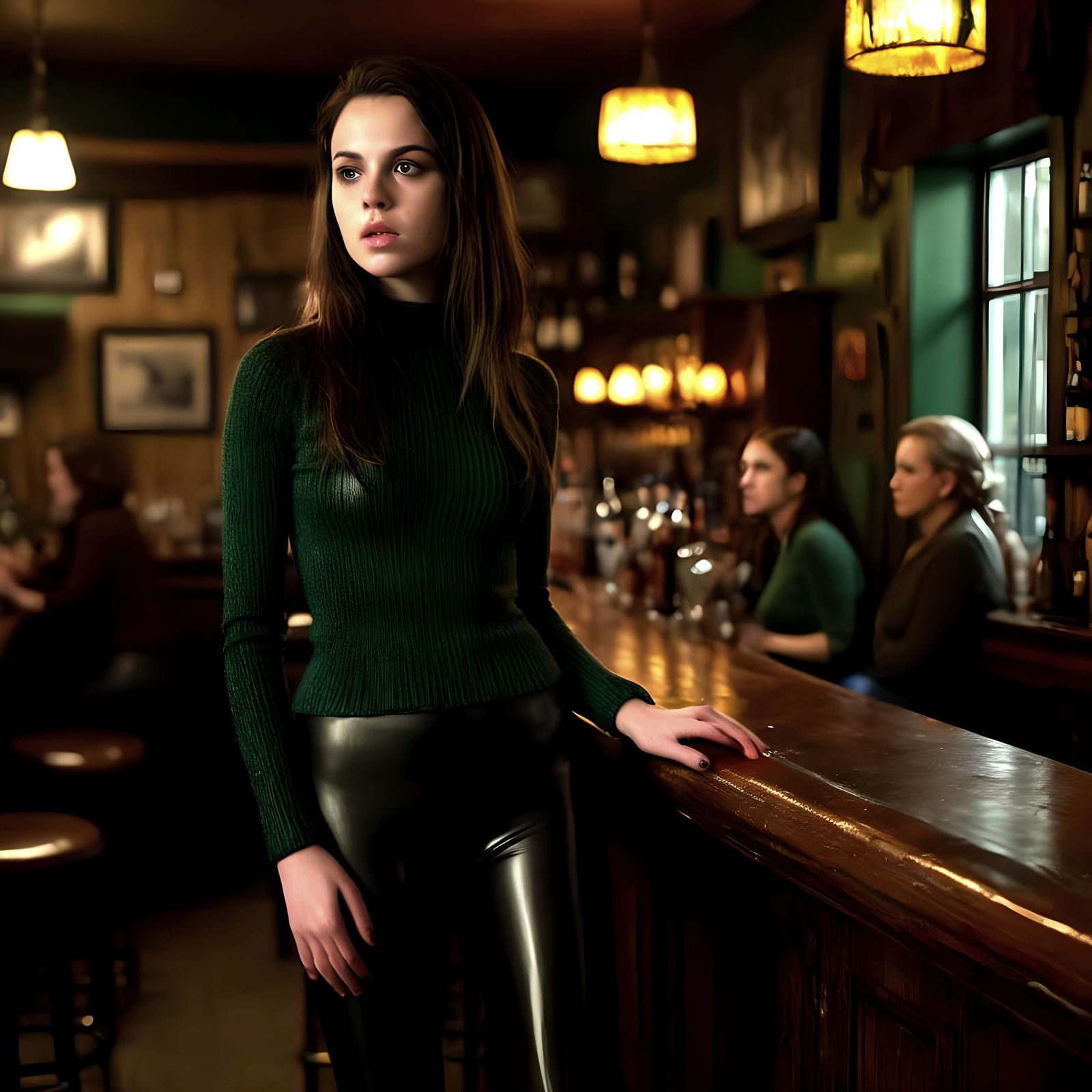 Intense Young Woman in Leather at Historic Bar