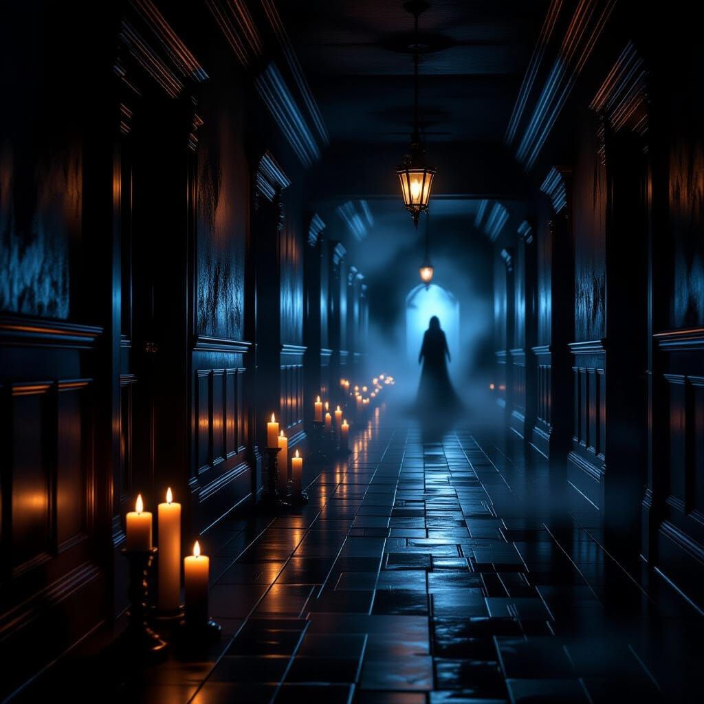 Haunted Corridor with Ghostly Figure and Sinister Candleligh...