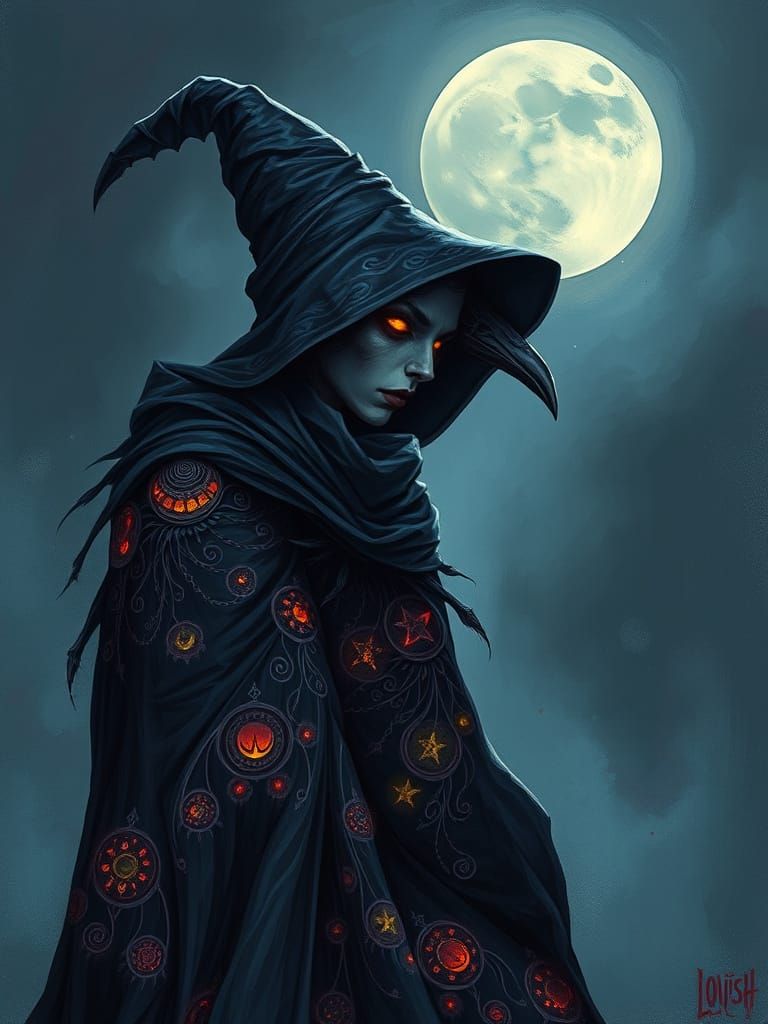 Mystical Raven Witch under Moonlight