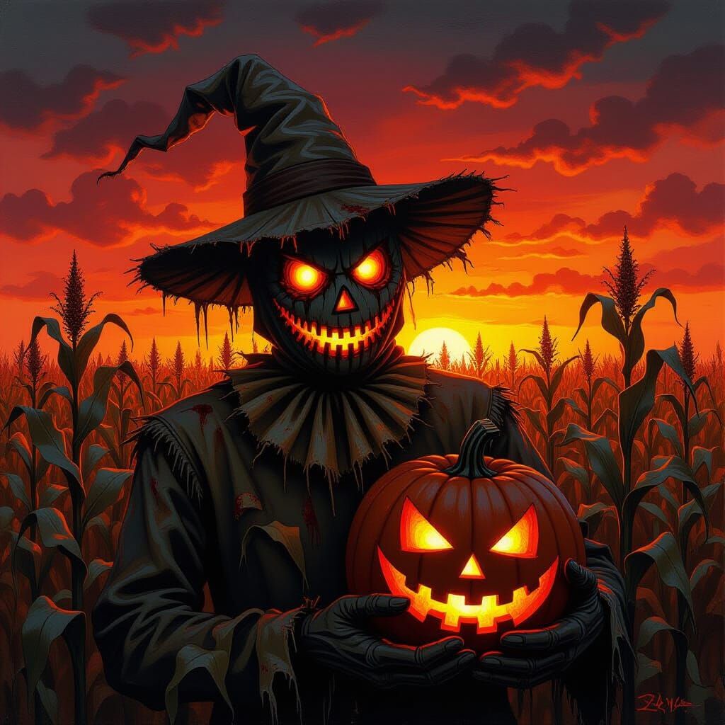 Nightmarish Scarecrow with Pumpkin Head as Gouache Painting