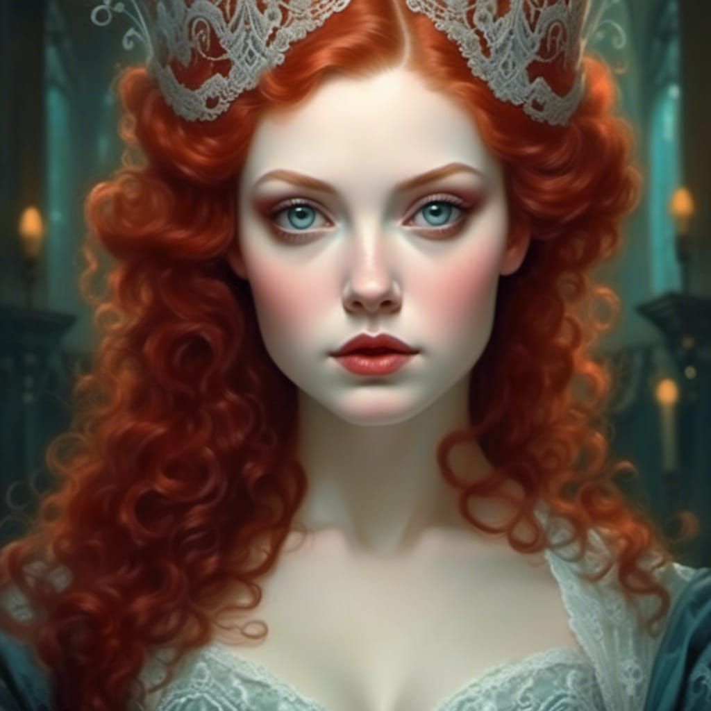 Rococo Red-Headed Lady in Lace Gown Portrait