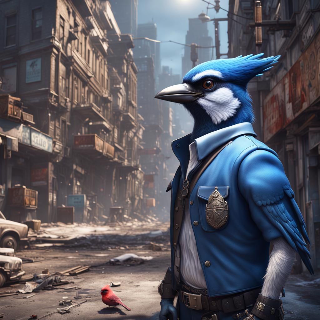 Humanoid Blue Jay Gangster in Detailed Digital Painting
