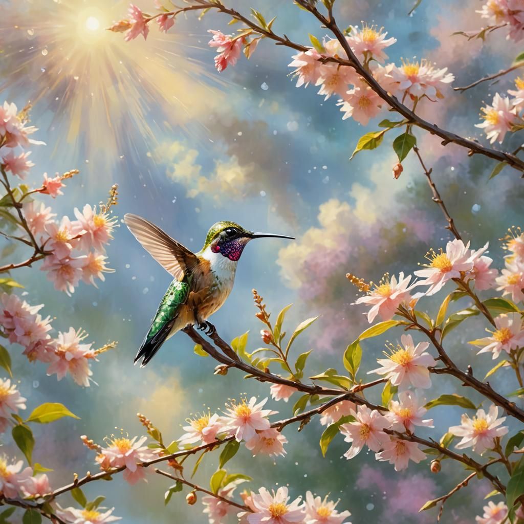 Hummingbird in Heavenly Sunshine: Impressionistic Style