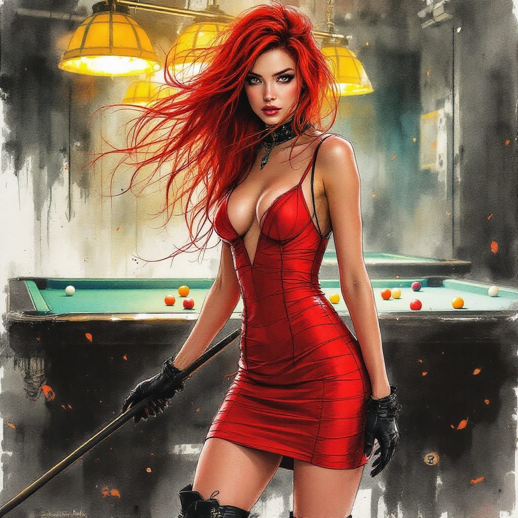 Ethereal Woman in Pool Hall, Watercolor Ink Style