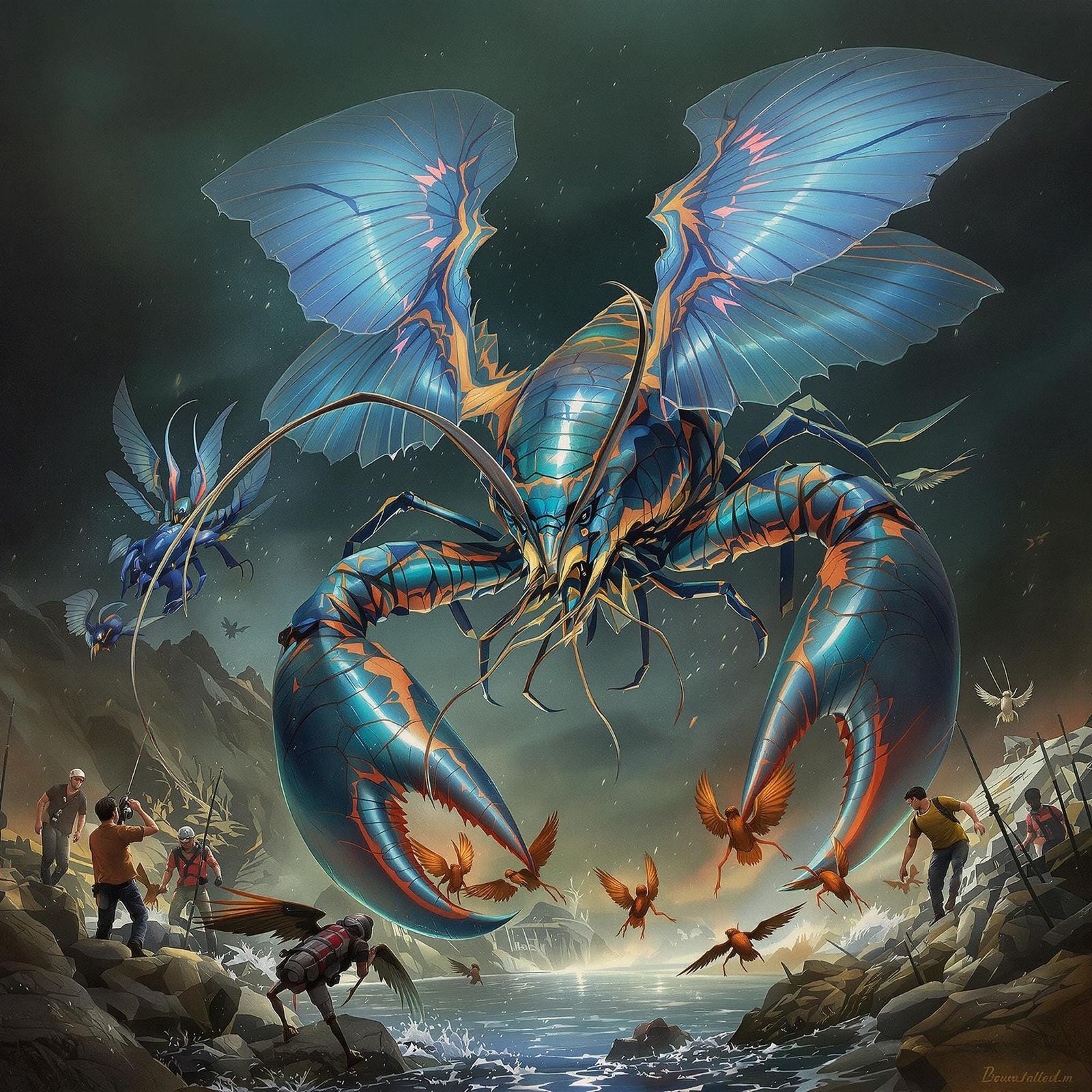 Iridescent Lobster Attacks Fishermen in Giger-esque Style