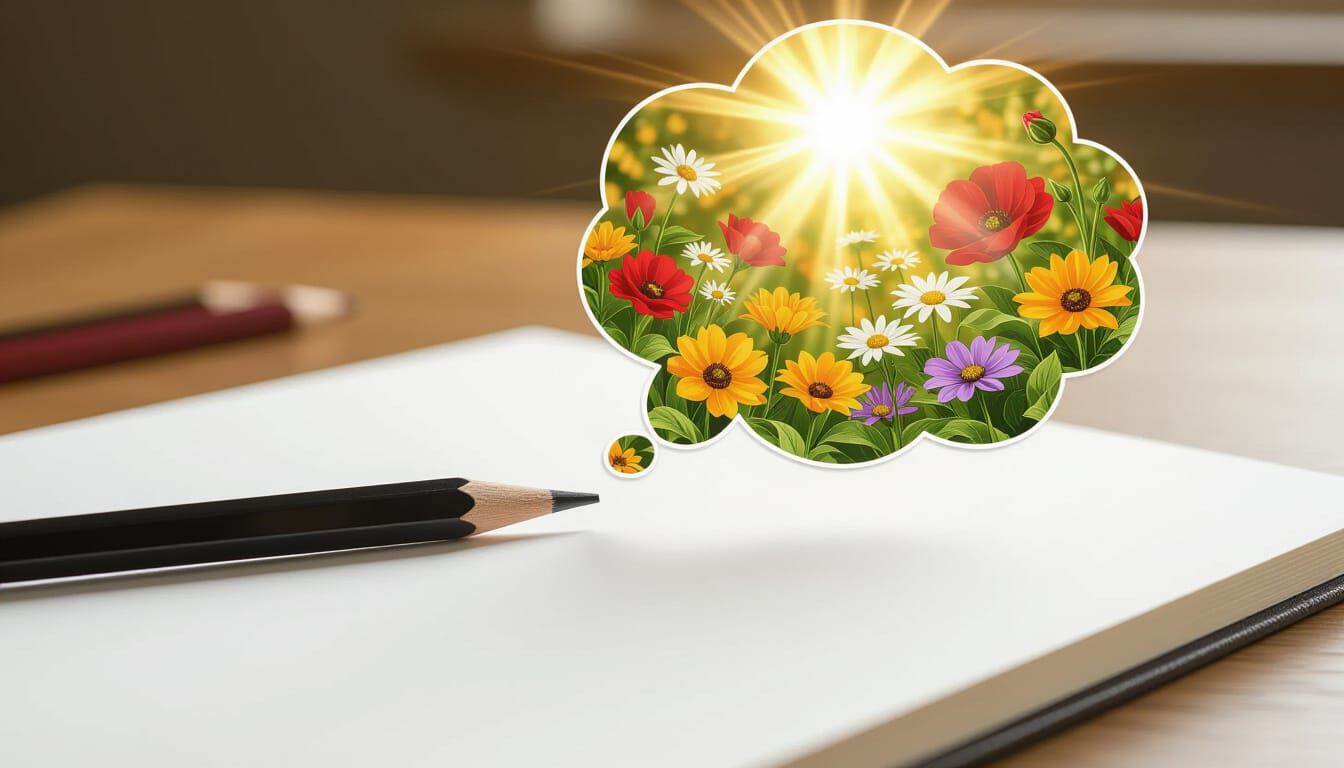 Pencil Hovers Over Canvas With Flower Garden Thought Bubble
