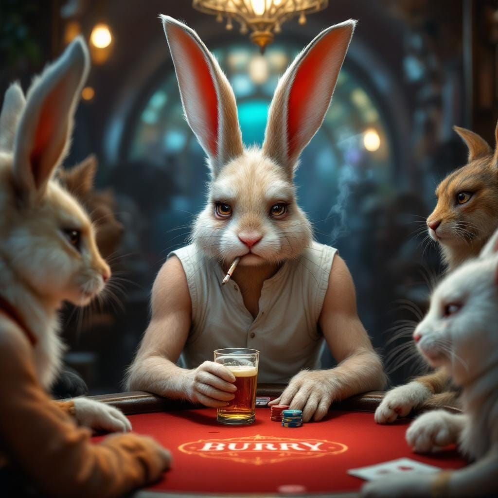 Tired Rabbit at Poker Table in Fantasy Realism
