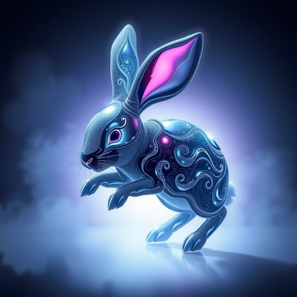 Majestic Holographic Black Rabbit in Futuristic 3D Anime Art