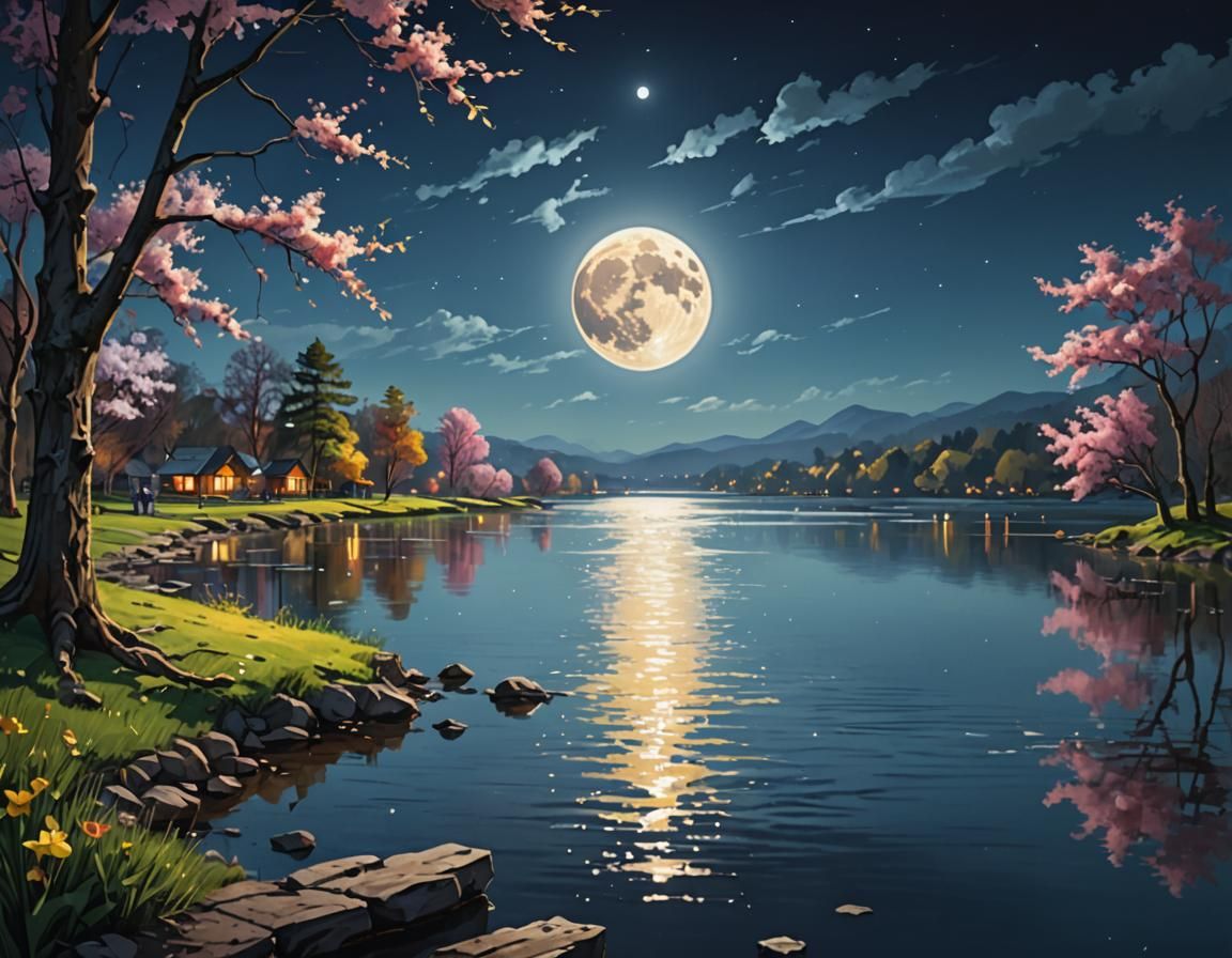 Hyperrealistic Full Moon Lakeside Spring Scene