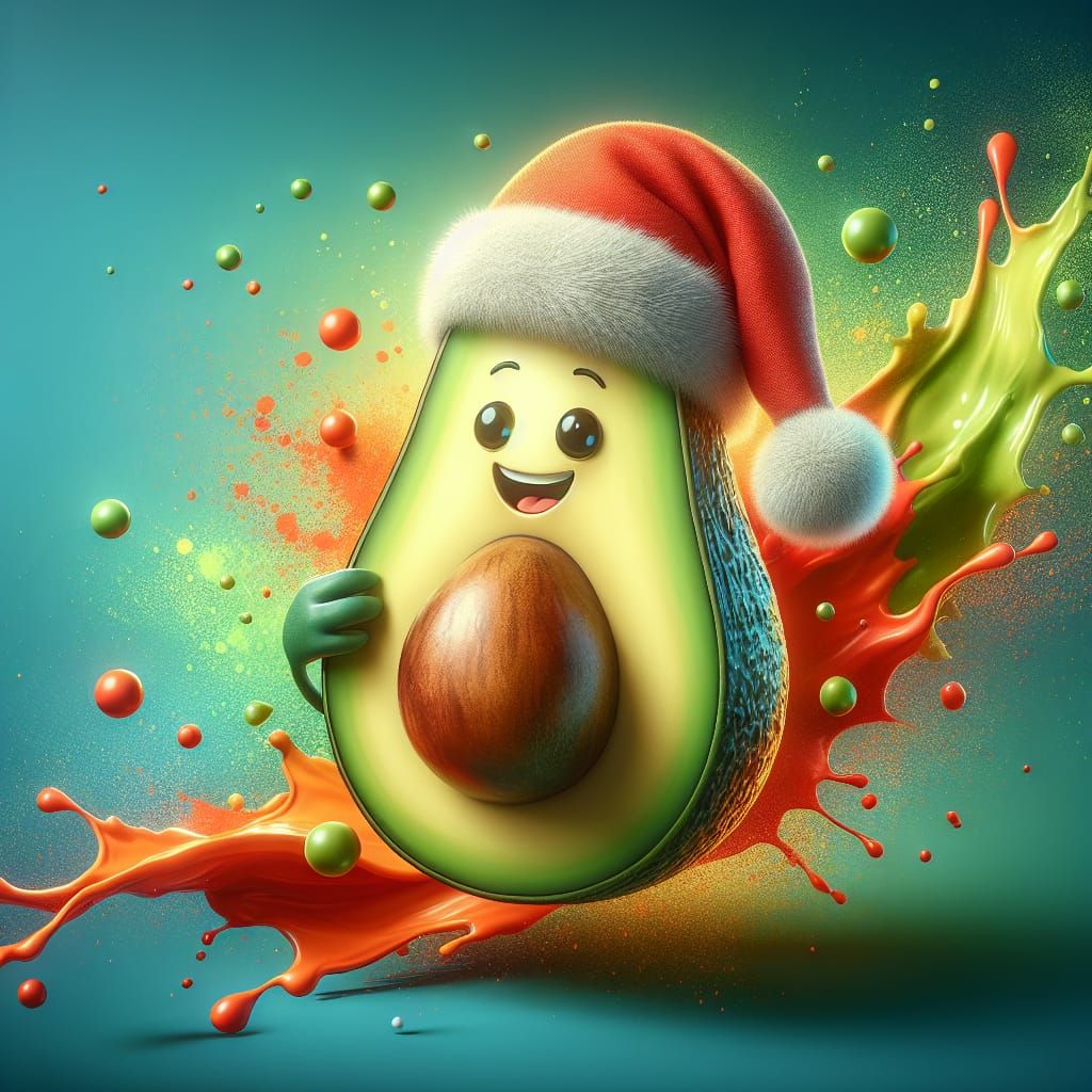 Hyperrealistic Avocado Santa in Vibrant Scene
