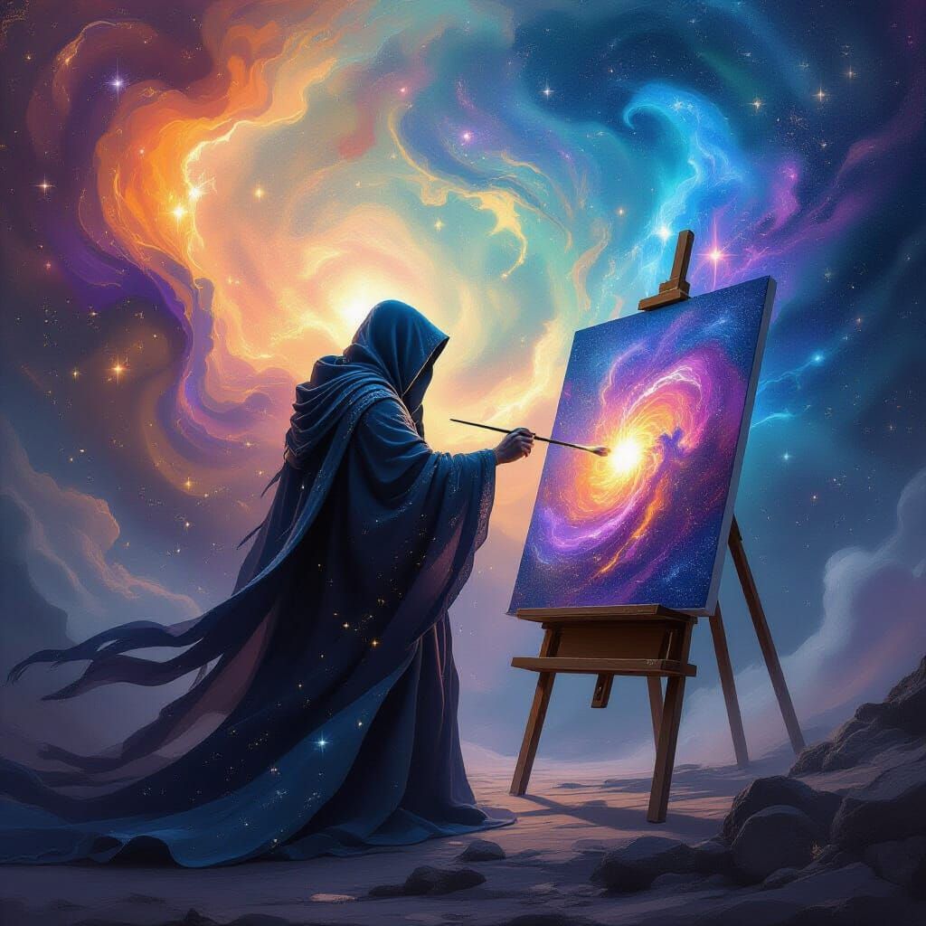Cosmic Artist Painting Nebulae in Epic Fantasy Style