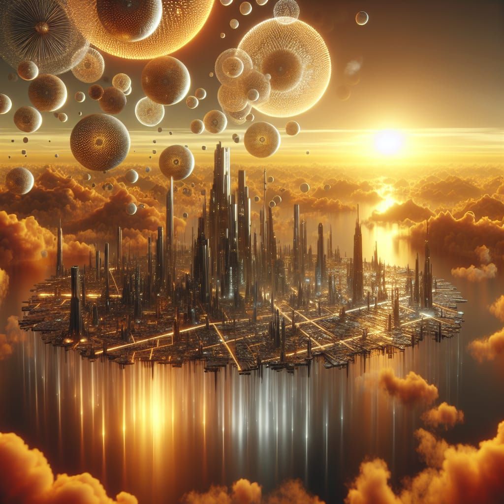 Futuristic Floating City in Golden Light